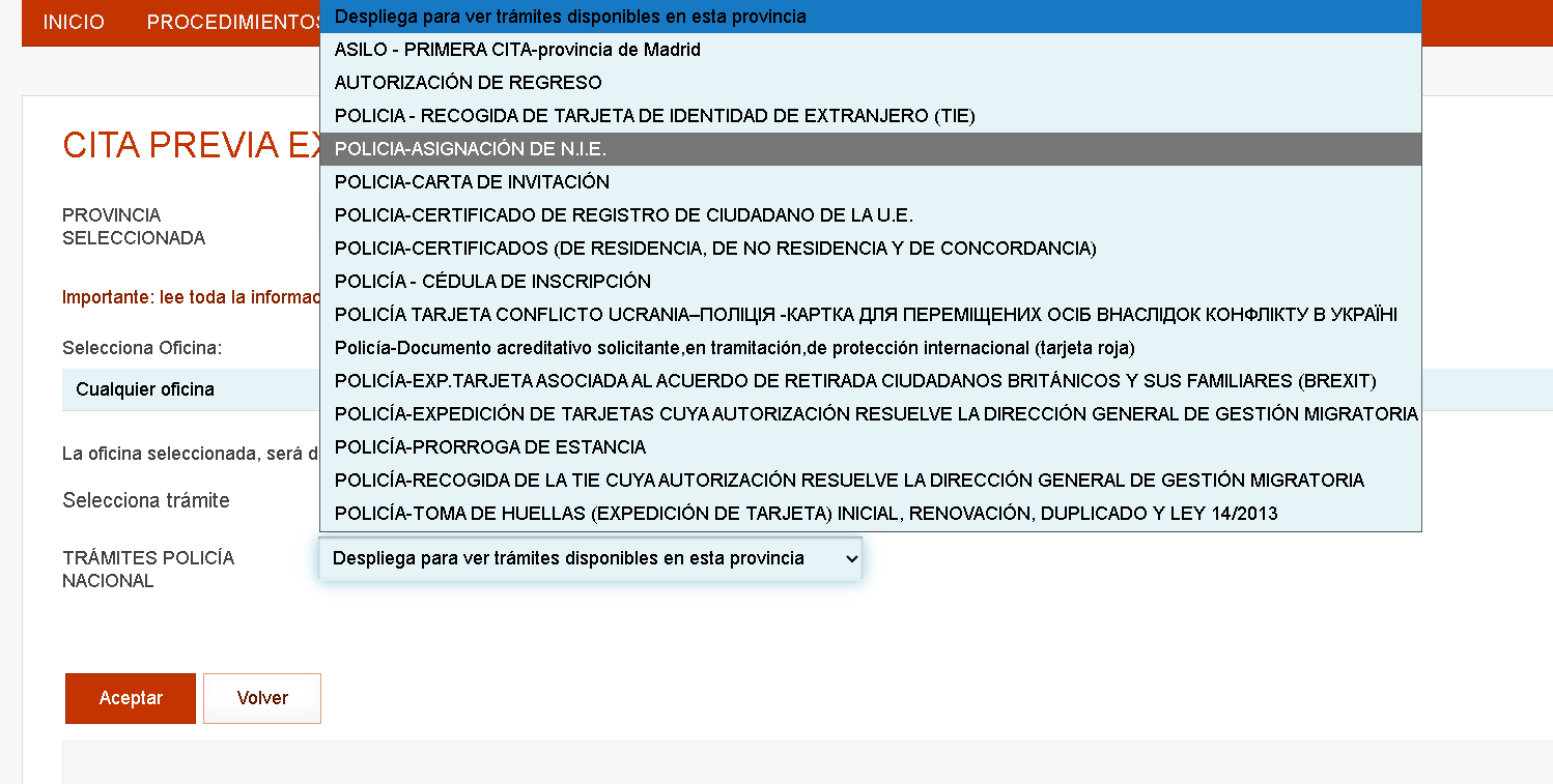 Elige el trámite Policía-Asignación de N.I.E.