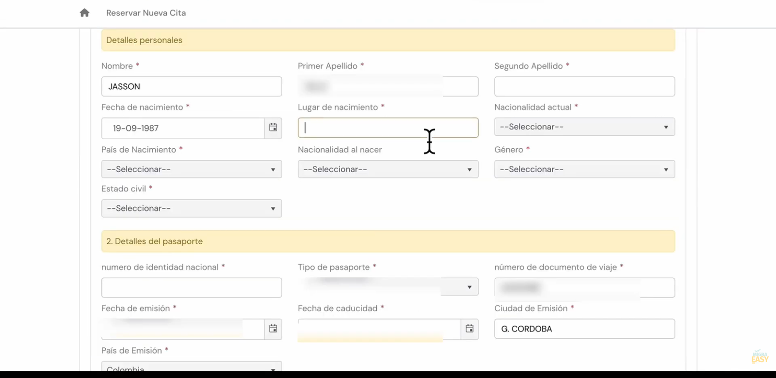 Completa tus datos personales y del pasaporte