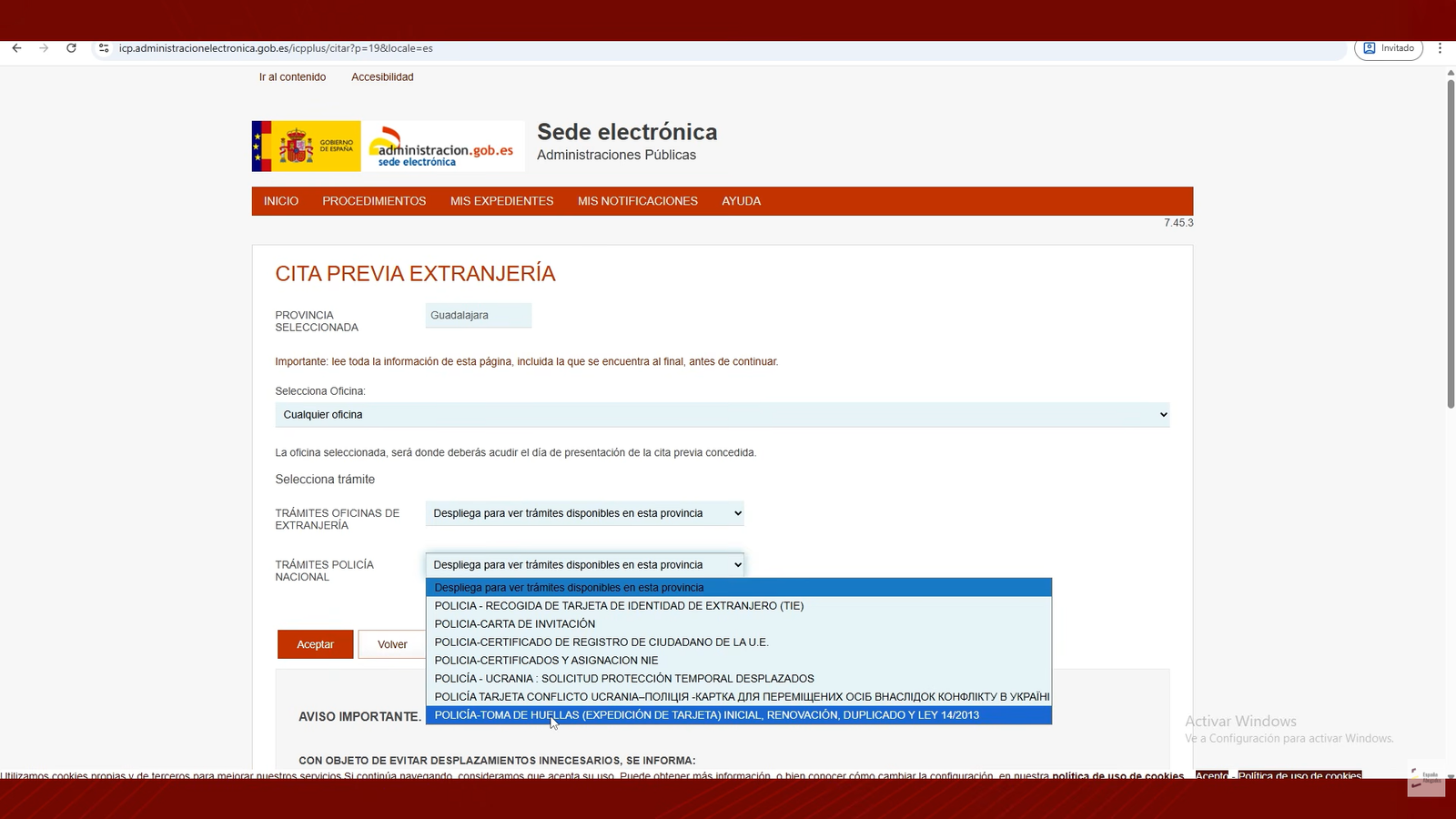 Elige el trámite de toma de huellas