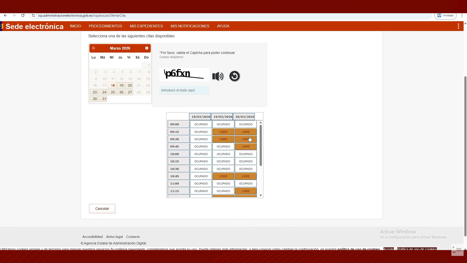 Elige fecha y hora, y valida el captcha