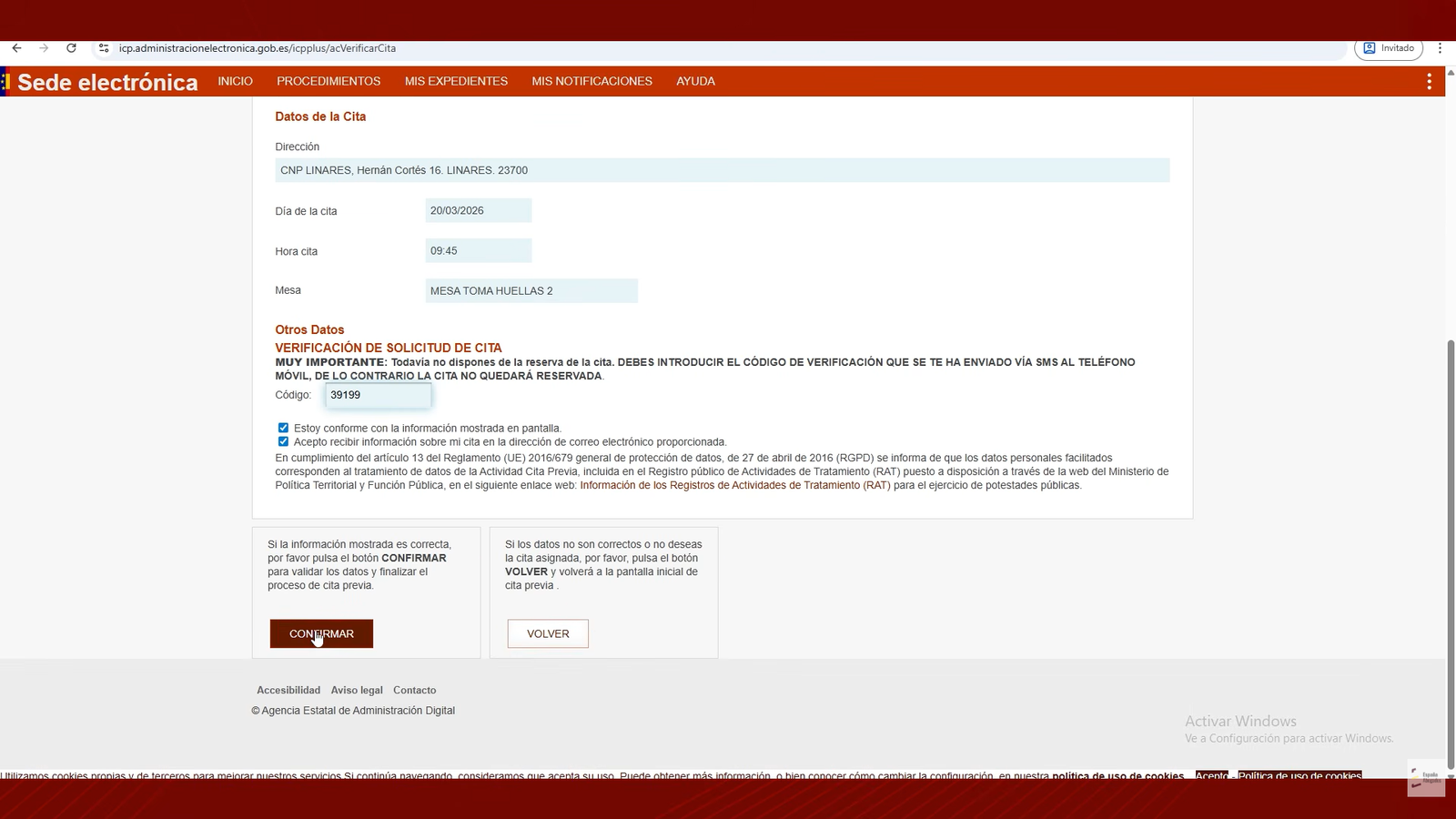 Introduce el código y confirma