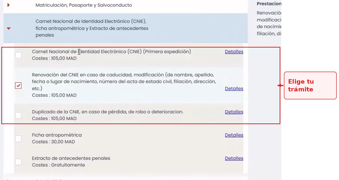 Marca el trámite exacto