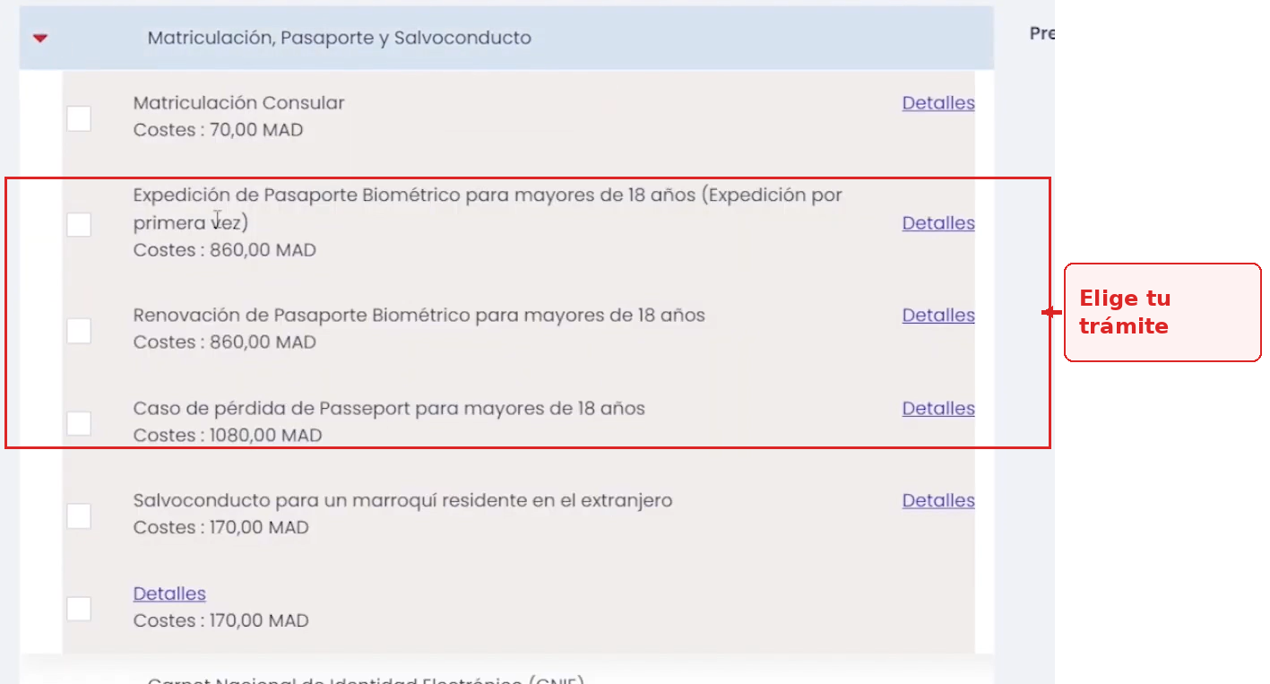 Marca el trámite exacto